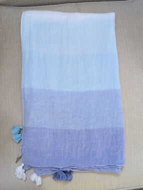 Talbots Ombre Blue Tassel Scarf Wrap Oblong Linen Blend Coastal